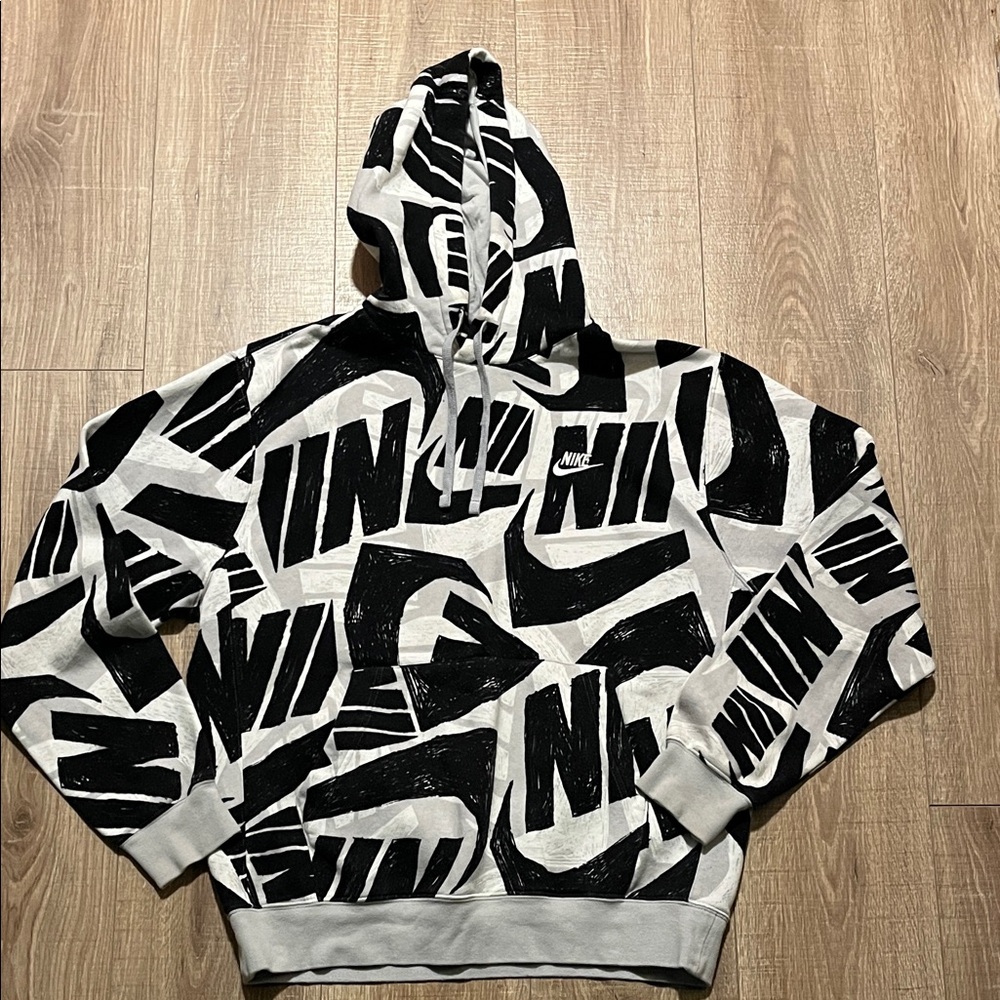 Nike Monochrome Black, Gray and White Graphic Logo Hoodie Abstract Men’s M